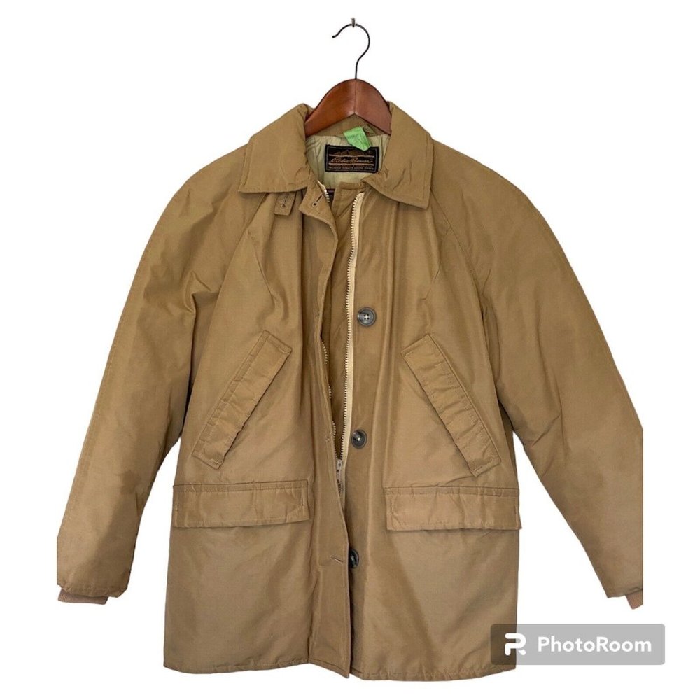 Eddie Bauer Goose Down Nylon Women's Chore Coat Jacket Tan L Large Vintage
